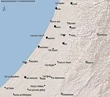 Eine Ortskarte des südlichen Palästina. Im Westen sieht man mutmaßlich philistäische Orte von Aphek im Norden bis nach Rafah im Süden.