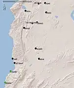 Karte von Teilen des heutigen Libanon und Syrien. Das markierte mutmaßlich philistäische Gebiet ist so groß, dass es später in drei unterschiedliche Königreiche zerfallen sollte.