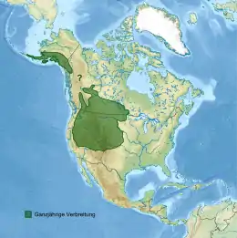 Topografische Karte Nordamerikas mit grün eingezeichneter Verbreitung