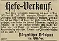 Anzeige für „Hefe-Verkauf“ des Bürgerlichen Brauhauses Pilsen