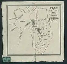 Plan des alten Frauenkirchhofs Dresden (B kennzeichnet das Maternihospital)