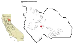 Lage von Quincy im Plumas County (links) und in Kalifornien (rechts)
