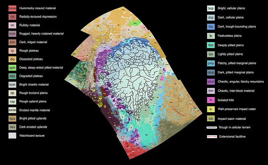 Geologische Karte von Sputnik Planitia und Umgebung, Konvektionszellen schwarz umrandet