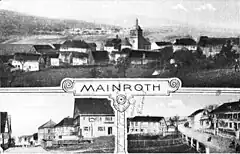 Postkarte von Mainroth aus dem Jahr 1922. Oben die Nordostansicht, unten links der Blick vom Dorfberg in Richtung Burgkunstadt und unten rechts der Blick über die heutige Bundesstraße 289, ebenfalls in Richtung Burgkunstadt.