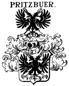 Kopfloser Doppeladler im Schild und Oberwappen des mecklenburgischen Adelsgeschlechts Pritzbuer