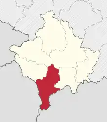Lage des Bezirks im Kosovo (anklickbare Karte)