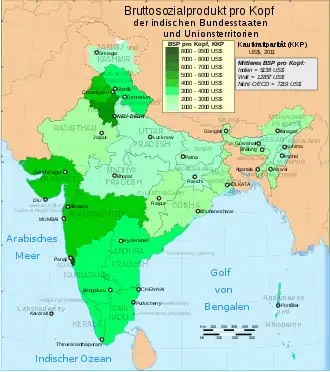 Pro-Kopf-Bruttosozialprodukt in Indien nach Bundesstaat 2011
