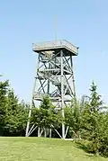 Der Aussichtsturm auf dem Prochenberg von der Hütte aus gesehen
