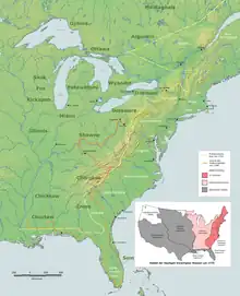 Östliches Nordamerika mit der Trennungslinie der Königlichen Proklamation von 1763 und der Linie aus dem Vertrag von Fort Stanwix 1768