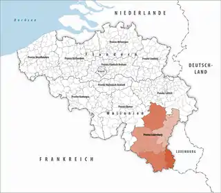 Lage der Provinz Luxemburg innerhalb Belgiens hervorgehoben