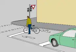 Aufgeweiteter Radaufstellstreifen an einer Stopp-Stelle (z.&nbsp;B. Ampel)