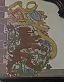 Rathaus St. Johann; Festsaal; Wandmalerei; Schreitende, gekrönte Löwen mit den Wappen der Kaufleute und der Schiffer