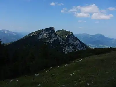 Blick vom Streicher nach Westen zum Hinteren Rauschberg (1671&nbsp;m) und zum Roßgassenkopf (1650&nbsp;m)