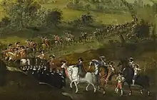 Musketiere Kardinal Richelieus mit roten Kasacks bei der Kapitulation von Montauban 1629, Detail eines Gemälde aus der Schlachtengalerie des Château de Richelieu (Mitte der 1630er Jahre bis 1640)