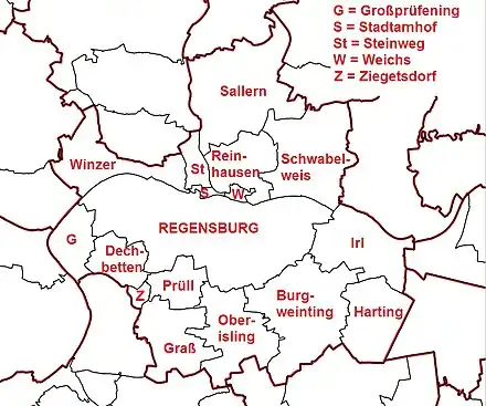 Die Gemarkung Schwabelweis umfasst auch weite Teile des nördlich angrenzenden Stadtbezirks 06 Brandlberg-Keilberg