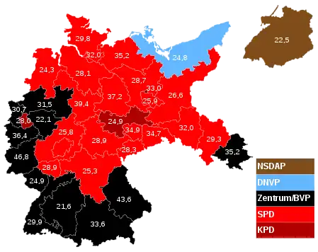 Reichstagswahl 1930: Stimmenstärkste Parteien nach Wahlkreisen,mit Prozentanteil der stärksten Partei