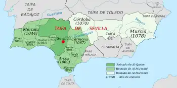 Taifa-Reich Sevilla unter Abu l-Qasim (Abbad I.) (dunkelgrün), Abbad II. al-Mu'tadid (grün) und Muhammad al-Mu'tamid (hellgrün)