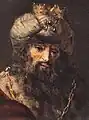 Sichtbare Pinselspur im Spätwerk. Rembrandt (oder Werkstatt): Haman erkennt sein Schicksal. Ausschnitt.