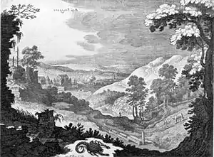 Matthäus Merian: „Bey Stutgart“, 1624. Vorn Mitte: Bopserbrunnen. Links Mitte: Weißenburgruine.