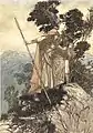 Brünnhilde mit einem Flügelhelm. Illustration von Arthur Rackham (1867–1939) zu Richard Wagners Oper Die Walküre.
