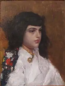 Bildnis eines etwa 12-jährigen dunkelhaarigen Mädchens, das nach rechts blickt.
