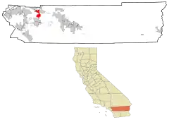 Lage von Beaumont im Riverside County (oben) und in Kalifornien (unten)