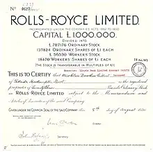 Aktie der Rolls-Royce Limited über 23 £ des Stammkapitals, ausgegeben am 8. August 1934. Die Aktie stammt aus der Kapitalerhöhung im November 1918 von 200.000 £ auf 1.000.000 £. Die mit Abstand älteste bekannte Rolls-Royce Aktie.
