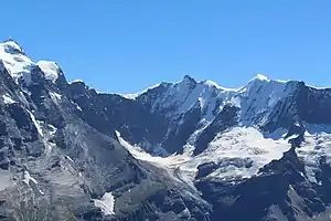 Rottalgletscher (Lauterbrunnen) vom Schilthorn aus gesehen, mit Jungfrau, Rottalhorn, Louwihorn, Gletscherhorn und Äbni Flue (von links nach rechts)
