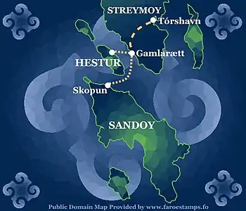 Die eingestellte Fährlinie Route 60 zwischen Skopun und Gamlarætt und die Fährlinie Route 61 zwischen Gamlarætt und Hestur
