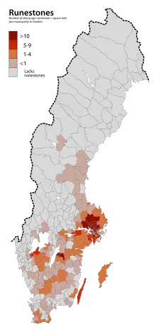 Verbreitung von Runensteinen (pro&nbsp;km²) in Schweden