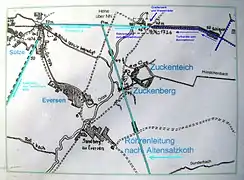 Skizze der Soleleitung von Sülze zum Bornriethmoor, der Torfkanäle aus dem Moor und der späteren Röhrenleitung nach Altensalzkoth