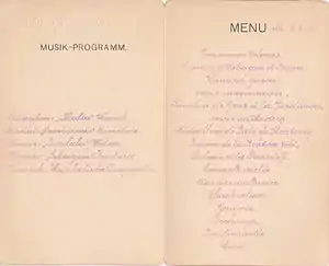 Musikprogramm und Speisefolge eines Kapitänsdinners vom 15. April 1909 an Bord der SS Thalia des Österreichischen Lloyd