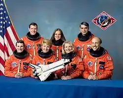 v. l. n. r. Drew Gaffney, Bryan O’Connor, Millie Hughes-Fulford, Tamara Jernigan, Rhea Seddon, Sidney Gutierrez, James Bagian