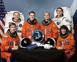 v. l. n. r. Sergei Krikaljow, Jerry Ross, Robert Cabana, Frederick Sturckow, James Newman, Nancy Currie