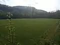 Fußballfeld am Westrand des Ortes, im Hintergrund der Adenberg