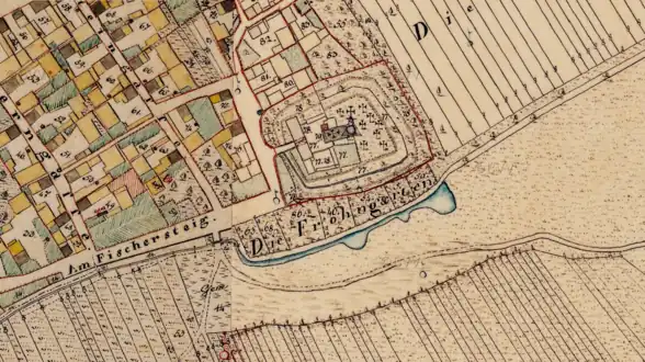 Lage der ehemaligen Oberndorfer Wasserburg (Bildmitte, rot umrandet) auf dem bayerischen Urkataster aus der 1. Hälfte des 19. Jahrhunderts