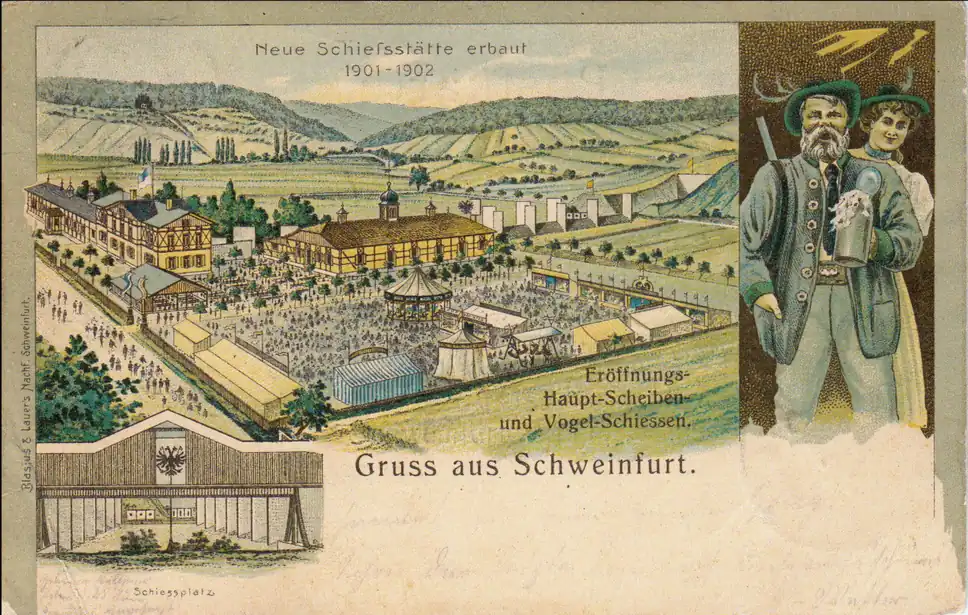 Die Vereins-Anlage querte das ganze Tal des Marienbachs, bis an den Hang der Klingenhöhe (rechts).Links die Deutschhöfer Straße, mit dem Schützenhaus.Vorne, auf dem späteren Pausenhof der Schillerschule, findet gerade das Schützenfest Vogelschuß statt, das bis in die 1970er Jahre auf dem Areal des ehemaligen Schießplatzes (hinten rechts) abgehalten wurde.Blick über den östlichen Bereich des heutigen Nördlichen Stadtteils,dahinter die Schweinfurter Rhön, mit eingeschnittenem Zellergrund und Haardtberg links