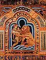 Samson und der Löwe. Detail aus dem Klosterneuburger Altar des Nikolaus von Verdun, 1181, Grubenschmelz und vergoldetes Kupfer