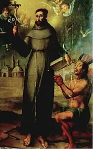 Francisco Solano mit einem Eingeborenen aus Tucuman (Die Geige als sein Attribut liegt am Boden neben seinem rechten Fuß)