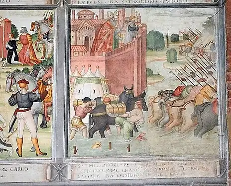 Anonym Lombardo, Geschichten von St. Theodor (1514), ist Karl der Große gezwungen, die Belagerung von Pavia zu verlassen.