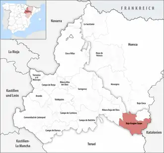 Die Lage der Comarca Bajo Aragón-Caspe in der Provinz Saragossa