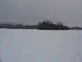 Der zugefrorene Sarchinger Weiher mit der Insel in der Bildmitte