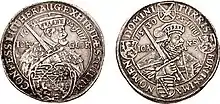 Gedenktaler 1630, auf das Jubelfest der Übergabe der Augsburger Konfession. Vs. Johann Georg I., Rs. Johann der Beständige, Münzstätte Dresden. Beide Kurfürsten sind im Kurornat mit geschultertem Kurschwert dargestellt.
