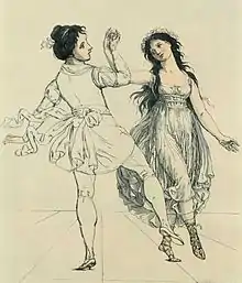 Fleischfarbene Trikots und Unterkleider ließen den Eindruck von Nacktheit entstehen, hier das Tänzerpaar Viganò auf einer Zeichnung von Johann Gottfried Schadow, 1797.