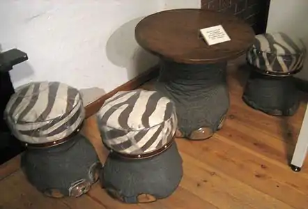 Hocker aus Elefantenfüßen mit Zebrafellsitzen im Hamburger Zollmuseum