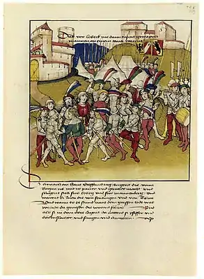 Belagerung der Burgen Laubegg und Mannenberg durch die Berner 1349, Darstellung in der Spiezer Chronik von Diebold Schilling