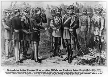 Schwarz-weißer Druck von einem Zeitungsartikel mit dem Titel „Übergabe des Kaisers Napoleon III. an den König Wilhelm von Preußen zu Sedan, Frankreich, 2. Sept. 1870“. Zwei Militärgruppen stehen sich auf einer Wiese gegenüber. Der linke Anführer überreicht dem rechten Anführer ein Degen und tippt seine linke Hand zum Gruß an seine Mütze.