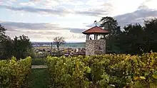 Schlossbergturm über Harxheim, unten Blick auf Pfarrkirche