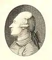 Johann Wolfgang Goethe in der roten Jacke mit Haarnetz nach links