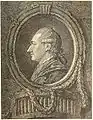 Johann Wolfgang Goethe im grauen Kaputkragen und Haarband, seitenverkehrter Kupferstich